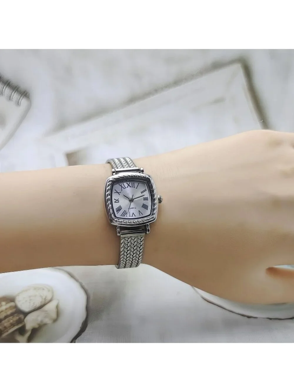 Women's Silver Vintage Square Roman Numeral Braided Mesh Band Quartz Watches